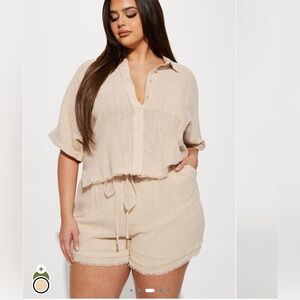 Fashion Nova Taupe Linen Shirt and Shorts Set